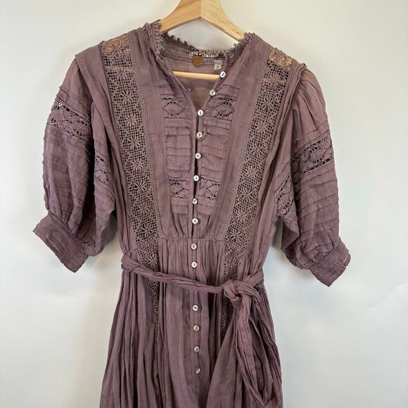 Free People Purple Button Front 3/4 Sleeve Lace Dress Womens Size Small Boho - Picture 11 of 16